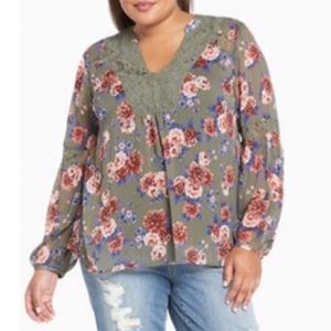 Torrid Floral Print Chiffon Lace Inset Top